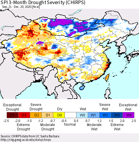 China, Mongolia and Taiwan SPI 3-Month Drought Severity (CHIRPS) Thematic Map For 9/21/2020 - 12/20/2020