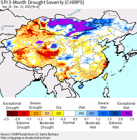 China, Mongolia and Taiwan SPI 3-Month Drought Severity (CHIRPS) Thematic Map For 9/26/2020 - 12/25/2020