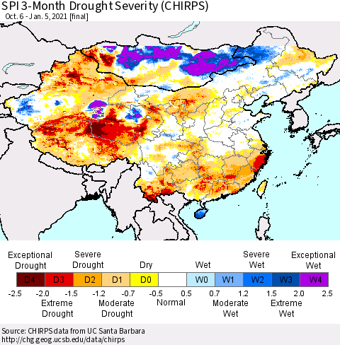 China, Mongolia and Taiwan SPI 3-Month Drought Severity (CHIRPS) Thematic Map For 10/6/2020 - 1/5/2021