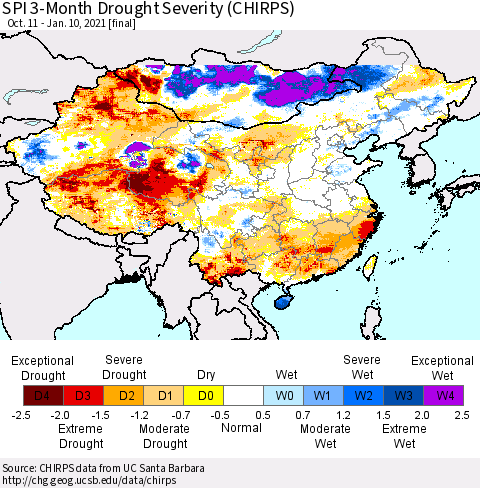 China, Mongolia and Taiwan SPI 3-Month Drought Severity (CHIRPS) Thematic Map For 10/11/2020 - 1/10/2021