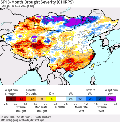 China, Mongolia and Taiwan SPI 3-Month Drought Severity (CHIRPS) Thematic Map For 10/16/2020 - 1/15/2021