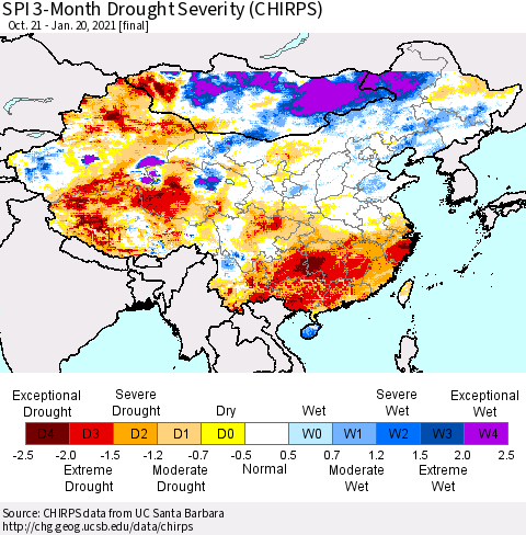 China, Mongolia and Taiwan SPI 3-Month Drought Severity (CHIRPS) Thematic Map For 10/21/2020 - 1/20/2021