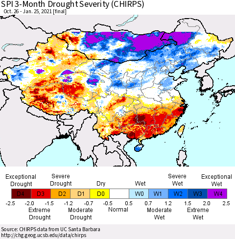 China, Mongolia and Taiwan SPI 3-Month Drought Severity (CHIRPS) Thematic Map For 10/26/2020 - 1/25/2021