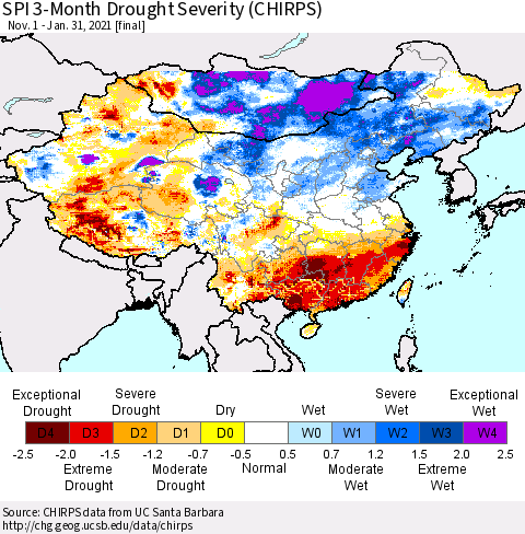 China, Mongolia and Taiwan SPI 3-Month Drought Severity (CHIRPS) Thematic Map For 11/1/2020 - 1/31/2021