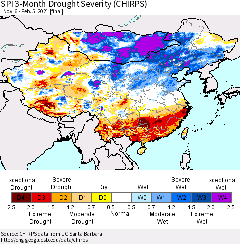 China, Mongolia and Taiwan SPI 3-Month Drought Severity (CHIRPS) Thematic Map For 11/6/2020 - 2/5/2021