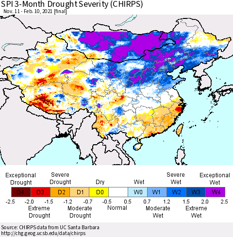 China, Mongolia and Taiwan SPI 3-Month Drought Severity (CHIRPS) Thematic Map For 11/11/2020 - 2/10/2021
