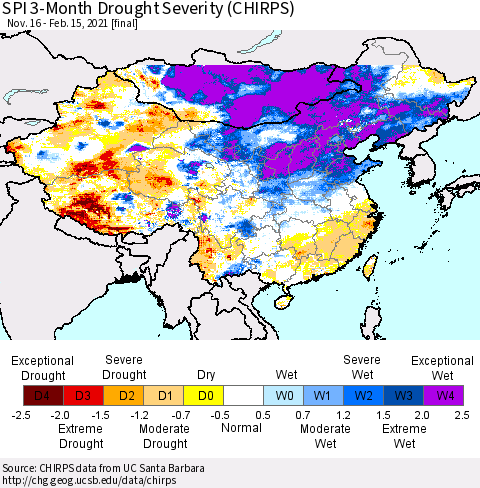 China, Mongolia and Taiwan SPI 3-Month Drought Severity (CHIRPS) Thematic Map For 11/16/2020 - 2/15/2021