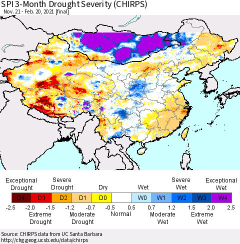 China, Mongolia and Taiwan SPI 3-Month Drought Severity (CHIRPS) Thematic Map For 11/21/2020 - 2/20/2021