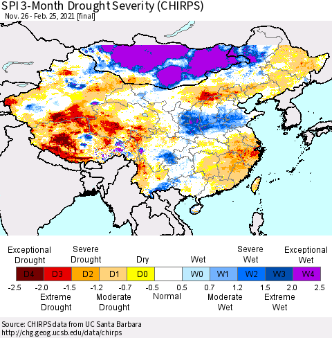 China, Mongolia and Taiwan SPI 3-Month Drought Severity (CHIRPS) Thematic Map For 11/26/2020 - 2/25/2021