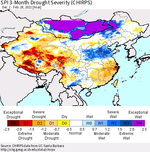 China, Mongolia and Taiwan SPI 3-Month Drought Severity (CHIRPS) Thematic Map For 12/1/2020 - 2/28/2021