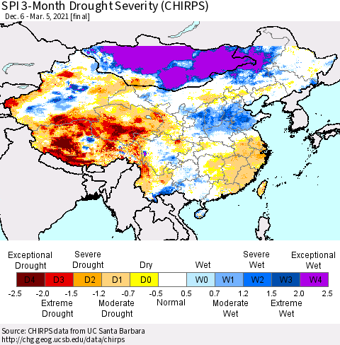China, Mongolia and Taiwan SPI 3-Month Drought Severity (CHIRPS) Thematic Map For 12/6/2020 - 3/5/2021