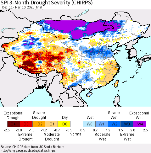 China, Mongolia and Taiwan SPI 3-Month Drought Severity (CHIRPS) Thematic Map For 12/11/2020 - 3/10/2021