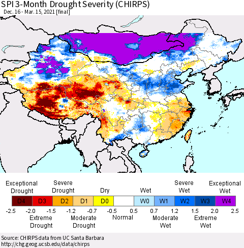 China, Mongolia and Taiwan SPI 3-Month Drought Severity (CHIRPS) Thematic Map For 12/16/2020 - 3/15/2021