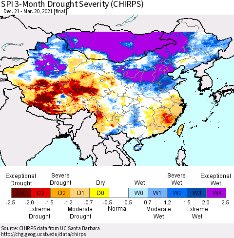 China, Mongolia and Taiwan SPI 3-Month Drought Severity (CHIRPS) Thematic Map For 12/21/2020 - 3/20/2021