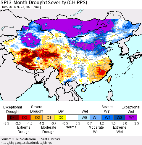 China, Mongolia and Taiwan SPI 3-Month Drought Severity (CHIRPS) Thematic Map For 12/26/2020 - 3/25/2021
