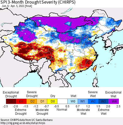 China, Mongolia and Taiwan SPI 3-Month Drought Severity (CHIRPS) Thematic Map For 1/6/2021 - 4/5/2021