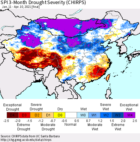 China, Mongolia and Taiwan SPI 3-Month Drought Severity (CHIRPS) Thematic Map For 1/11/2021 - 4/10/2021