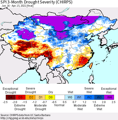 China, Mongolia and Taiwan SPI 3-Month Drought Severity (CHIRPS) Thematic Map For 1/16/2021 - 4/15/2021