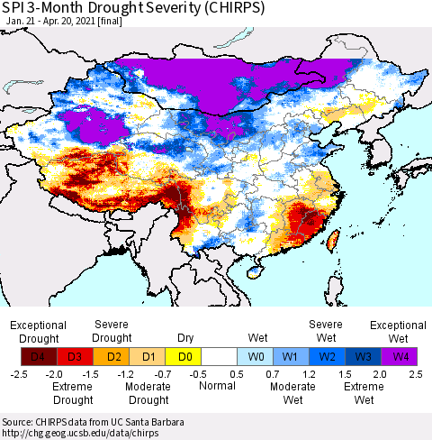 China, Mongolia and Taiwan SPI 3-Month Drought Severity (CHIRPS) Thematic Map For 1/21/2021 - 4/20/2021