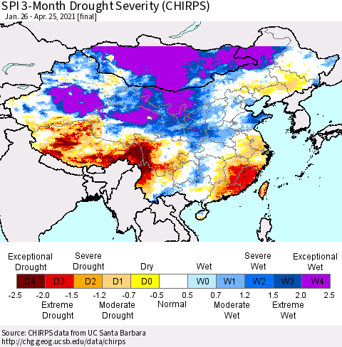 China, Mongolia and Taiwan SPI 3-Month Drought Severity (CHIRPS) Thematic Map For 1/26/2021 - 4/25/2021