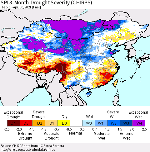 China, Mongolia and Taiwan SPI 3-Month Drought Severity (CHIRPS) Thematic Map For 2/1/2021 - 4/30/2021