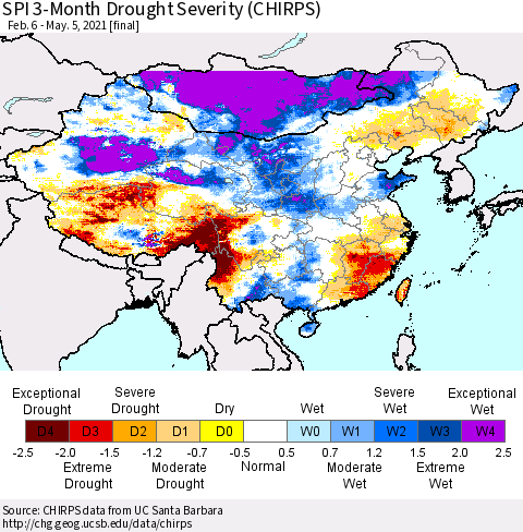 China, Mongolia and Taiwan SPI 3-Month Drought Severity (CHIRPS) Thematic Map For 2/6/2021 - 5/5/2021