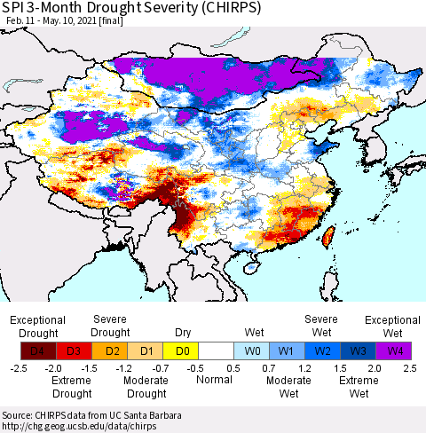 China, Mongolia and Taiwan SPI 3-Month Drought Severity (CHIRPS) Thematic Map For 2/11/2021 - 5/10/2021