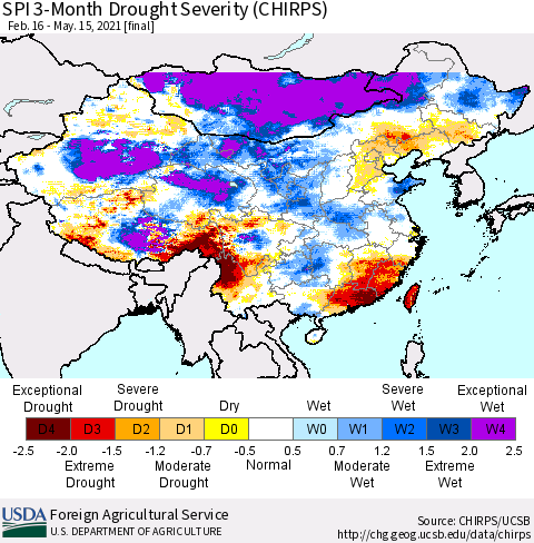 China, Mongolia and Taiwan SPI 3-Month Drought Severity (CHIRPS) Thematic Map For 2/16/2021 - 5/15/2021