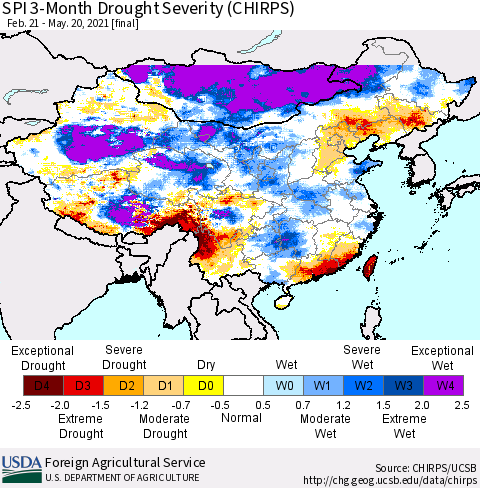 China, Mongolia and Taiwan SPI 3-Month Drought Severity (CHIRPS) Thematic Map For 2/21/2021 - 5/20/2021