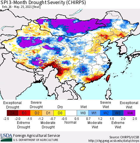 China, Mongolia and Taiwan SPI 3-Month Drought Severity (CHIRPS) Thematic Map For 2/26/2021 - 5/25/2021