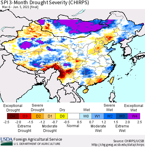 China, Mongolia and Taiwan SPI 3-Month Drought Severity (CHIRPS) Thematic Map For 3/6/2021 - 6/5/2021