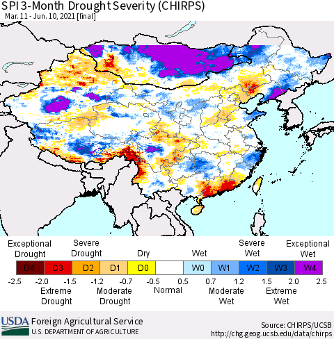 China, Mongolia and Taiwan SPI 3-Month Drought Severity (CHIRPS) Thematic Map For 3/11/2021 - 6/10/2021