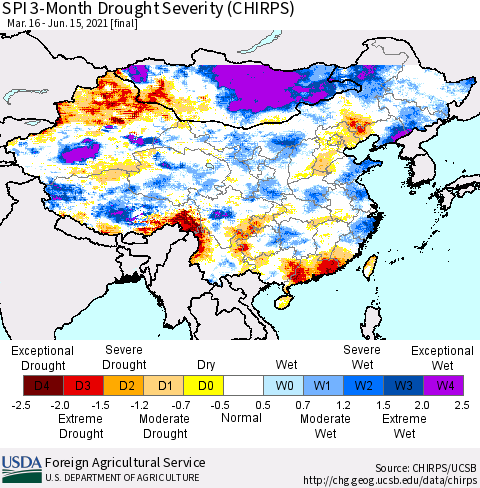 China, Mongolia and Taiwan SPI 3-Month Drought Severity (CHIRPS) Thematic Map For 3/16/2021 - 6/15/2021