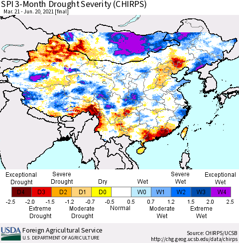 China, Mongolia and Taiwan SPI 3-Month Drought Severity (CHIRPS) Thematic Map For 3/21/2021 - 6/20/2021