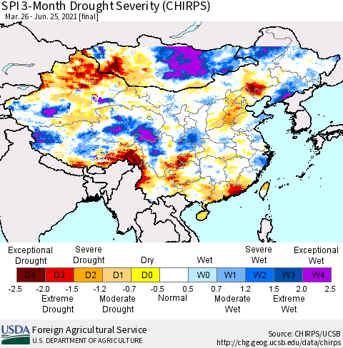 China, Mongolia and Taiwan SPI 3-Month Drought Severity (CHIRPS) Thematic Map For 3/26/2021 - 6/25/2021