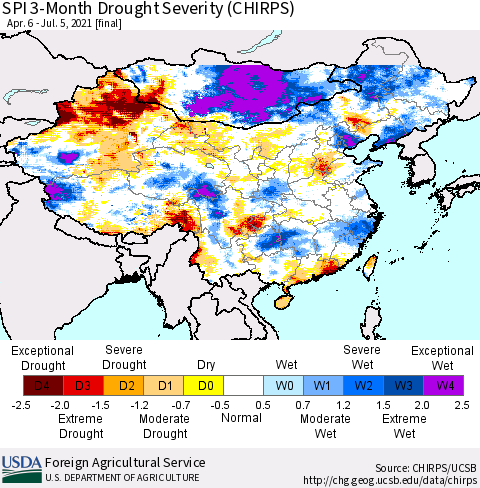 China, Mongolia and Taiwan SPI 3-Month Drought Severity (CHIRPS) Thematic Map For 4/6/2021 - 7/5/2021