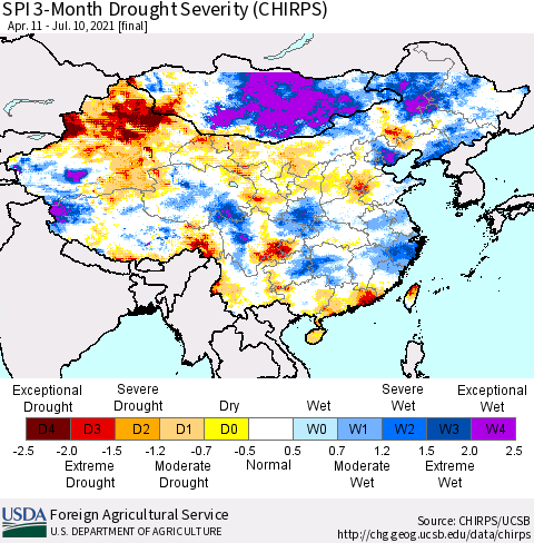 China, Mongolia and Taiwan SPI 3-Month Drought Severity (CHIRPS) Thematic Map For 4/11/2021 - 7/10/2021