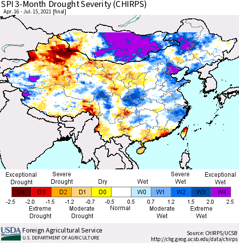 China, Mongolia and Taiwan SPI 3-Month Drought Severity (CHIRPS) Thematic Map For 4/16/2021 - 7/15/2021