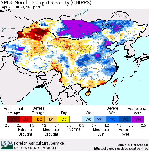 China, Mongolia and Taiwan SPI 3-Month Drought Severity (CHIRPS) Thematic Map For 4/21/2021 - 7/20/2021