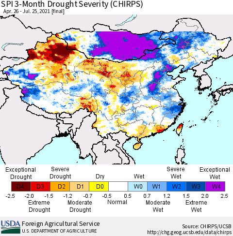 China, Mongolia and Taiwan SPI 3-Month Drought Severity (CHIRPS) Thematic Map For 4/26/2021 - 7/25/2021