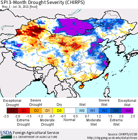 China, Mongolia and Taiwan SPI 3-Month Drought Severity (CHIRPS) Thematic Map For 5/1/2021 - 7/31/2021