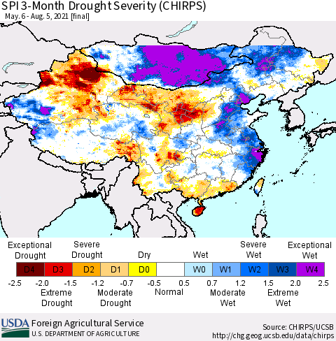 China, Mongolia and Taiwan SPI 3-Month Drought Severity (CHIRPS) Thematic Map For 5/6/2021 - 8/5/2021