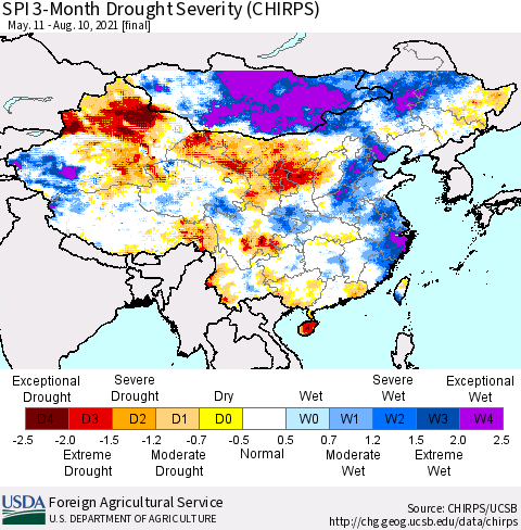 China, Mongolia and Taiwan SPI 3-Month Drought Severity (CHIRPS) Thematic Map For 5/11/2021 - 8/10/2021