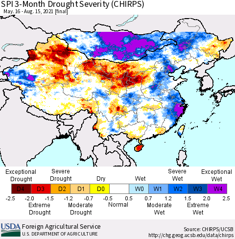 China, Mongolia and Taiwan SPI 3-Month Drought Severity (CHIRPS) Thematic Map For 5/16/2021 - 8/15/2021