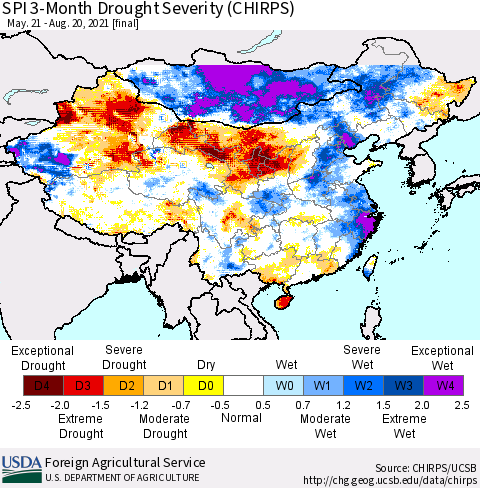 China, Mongolia and Taiwan SPI 3-Month Drought Severity (CHIRPS) Thematic Map For 5/21/2021 - 8/20/2021