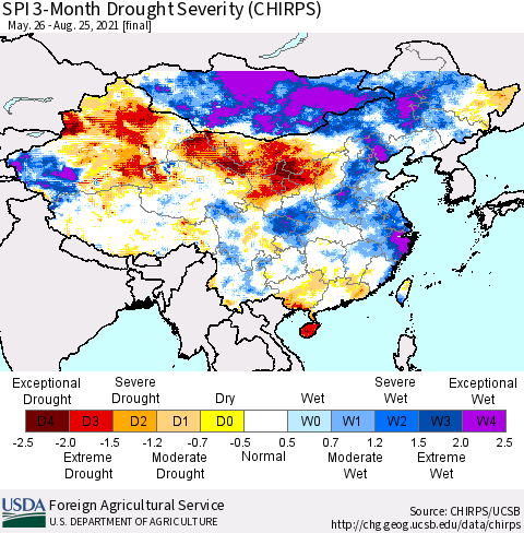 China, Mongolia and Taiwan SPI 3-Month Drought Severity (CHIRPS) Thematic Map For 5/26/2021 - 8/25/2021