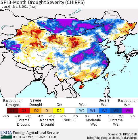 China, Mongolia and Taiwan SPI 3-Month Drought Severity (CHIRPS) Thematic Map For 6/6/2021 - 9/5/2021