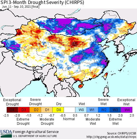 China, Mongolia and Taiwan SPI 3-Month Drought Severity (CHIRPS) Thematic Map For 6/11/2021 - 9/10/2021