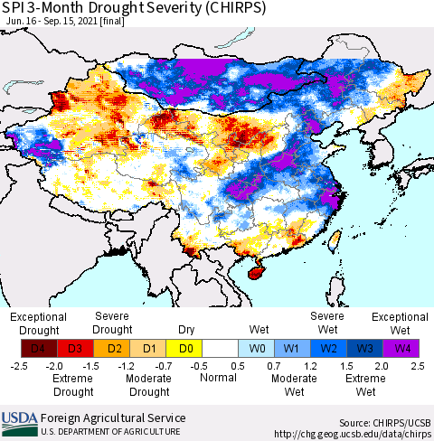 China, Mongolia and Taiwan SPI 3-Month Drought Severity (CHIRPS) Thematic Map For 6/16/2021 - 9/15/2021