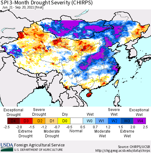 China, Mongolia and Taiwan SPI 3-Month Drought Severity (CHIRPS) Thematic Map For 6/21/2021 - 9/20/2021